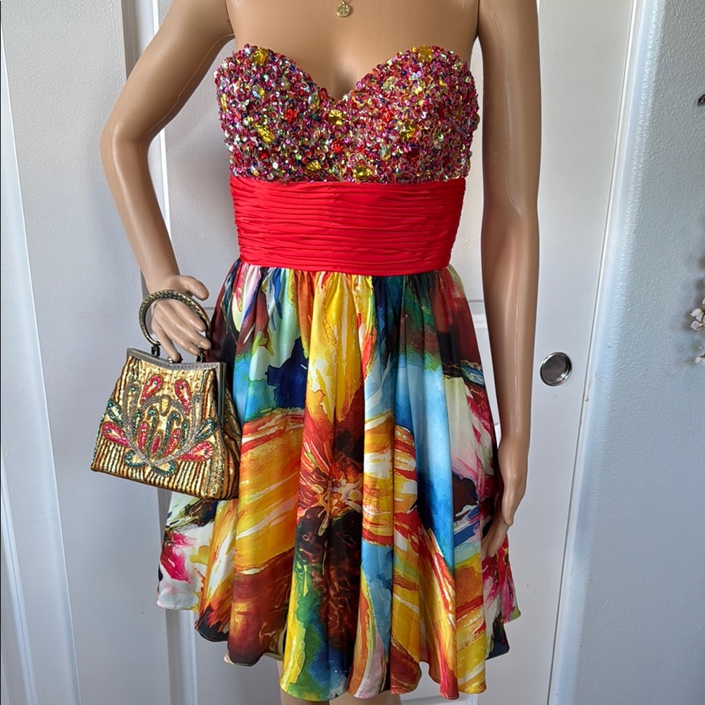 Y2K epic WINDSOR jewel encrusted strapless fit and flare tropical dress 4 S WOW